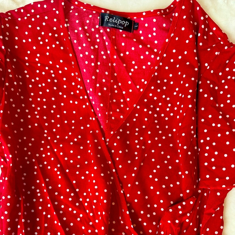 Red and white polkadot wrap dress